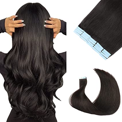 Tape in Hair Extensions Remy Human Hair Natural Black 100% Brazilian Virgin Real Human Hair Tape in Extensions 16-24 inches 50g/pack 20pcs Straight Seamless Skin Weft Tape Hair Extensions